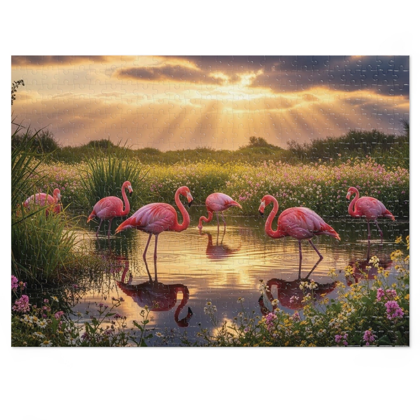 Flamingo Sunset Paradise Jigsaw Puzzle | Serene Nature Wildlife Scene at Golden Hour