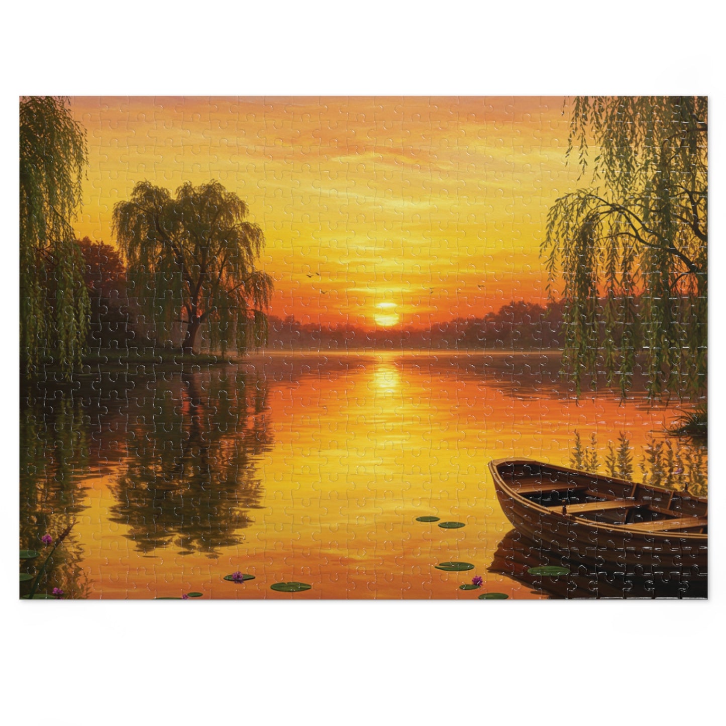 110, 252, 500, 1000, 2000 Golden Sunset Rowboat Puzzle, Sunset Over Still Waters, Boat at Dusk Puzzle, Tranquil Willow Tree Sunset, Golden Hour Reflection Puzzle, Sunset Reflection on Lake Puzzle, Rowboat on Calm Waters Puzzle