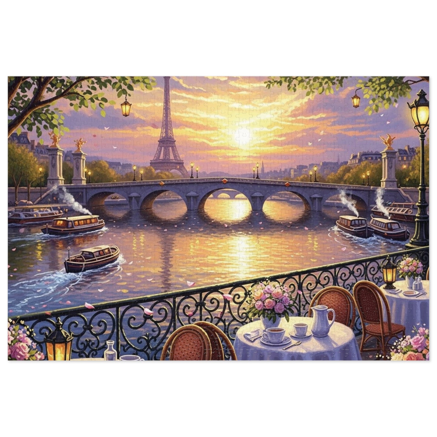 Eiffel Tower Sunset Over the Seine Puzzle | Paris Café Terrace Artwork