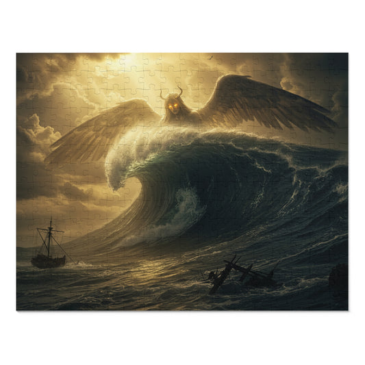 110, 252, 500, 1000, 2000 Mythic Sea Angel Rising | Stormy Ocean Wave Fantasy Art | Shipwreck & Light Beams | Surreal Winged Creature Wall Decor, Fantasy Jigsaw Puzzle with Tin