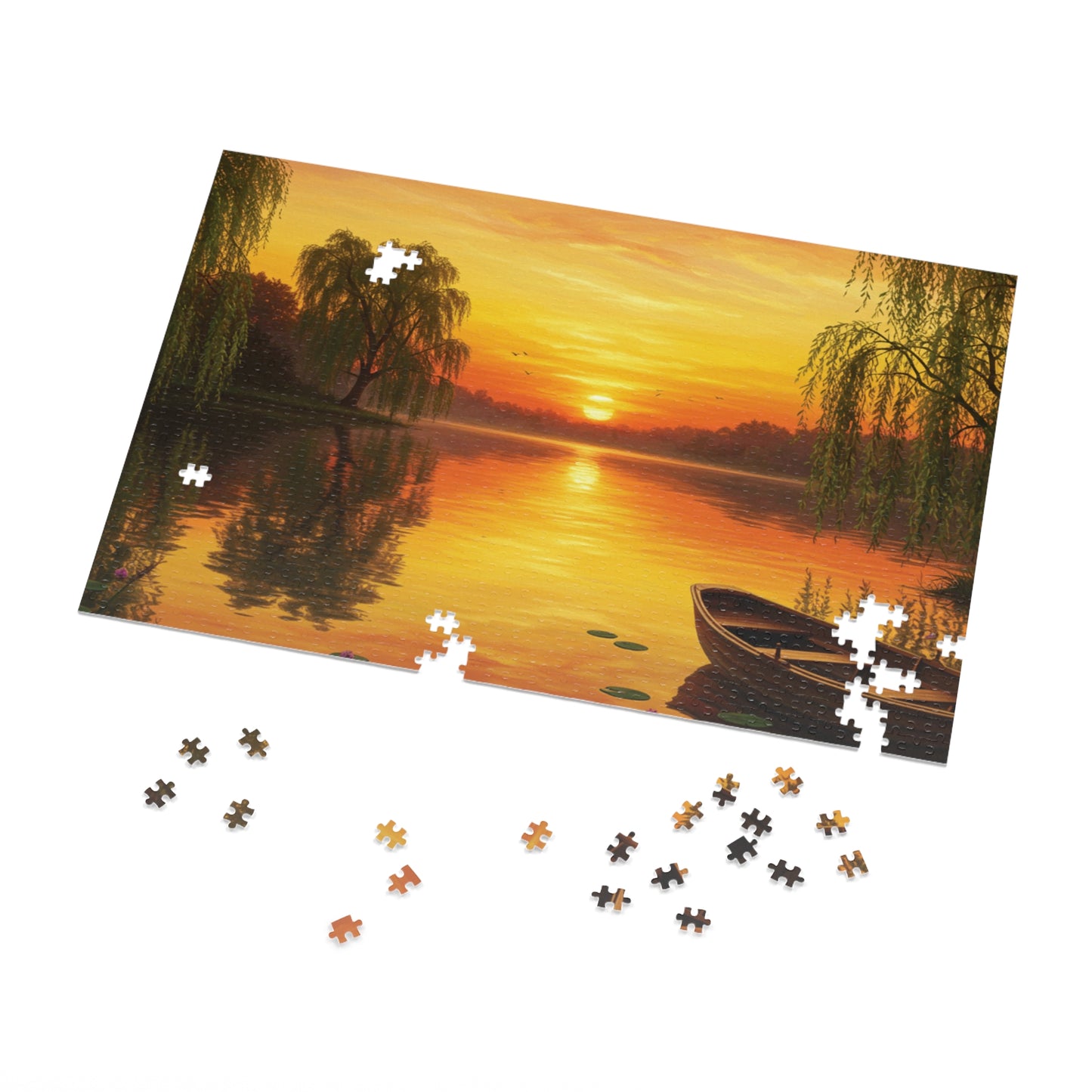 110, 252, 500, 1000, 2000 Golden Sunset Rowboat Puzzle, Sunset Over Still Waters, Boat at Dusk Puzzle, Tranquil Willow Tree Sunset, Golden Hour Reflection Puzzle, Sunset Reflection on Lake Puzzle, Rowboat on Calm Waters Puzzle