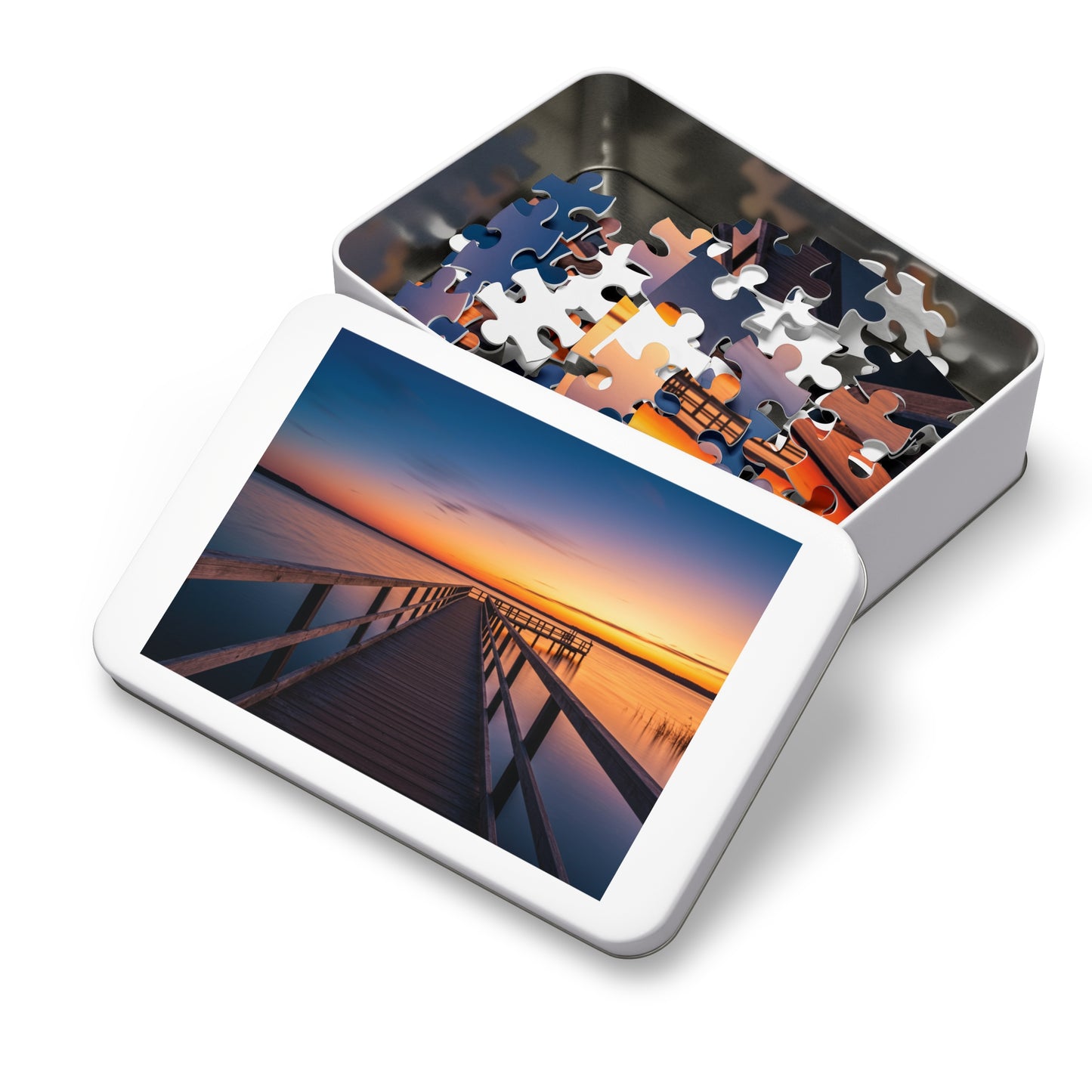 Sunset Jigsaw Puzzle with Tin, Boardwalk Sunset Puzzle – Soothing Waterscape Jigsaw for Relaxation, Peaceful Sunset Landscape Puzzle
