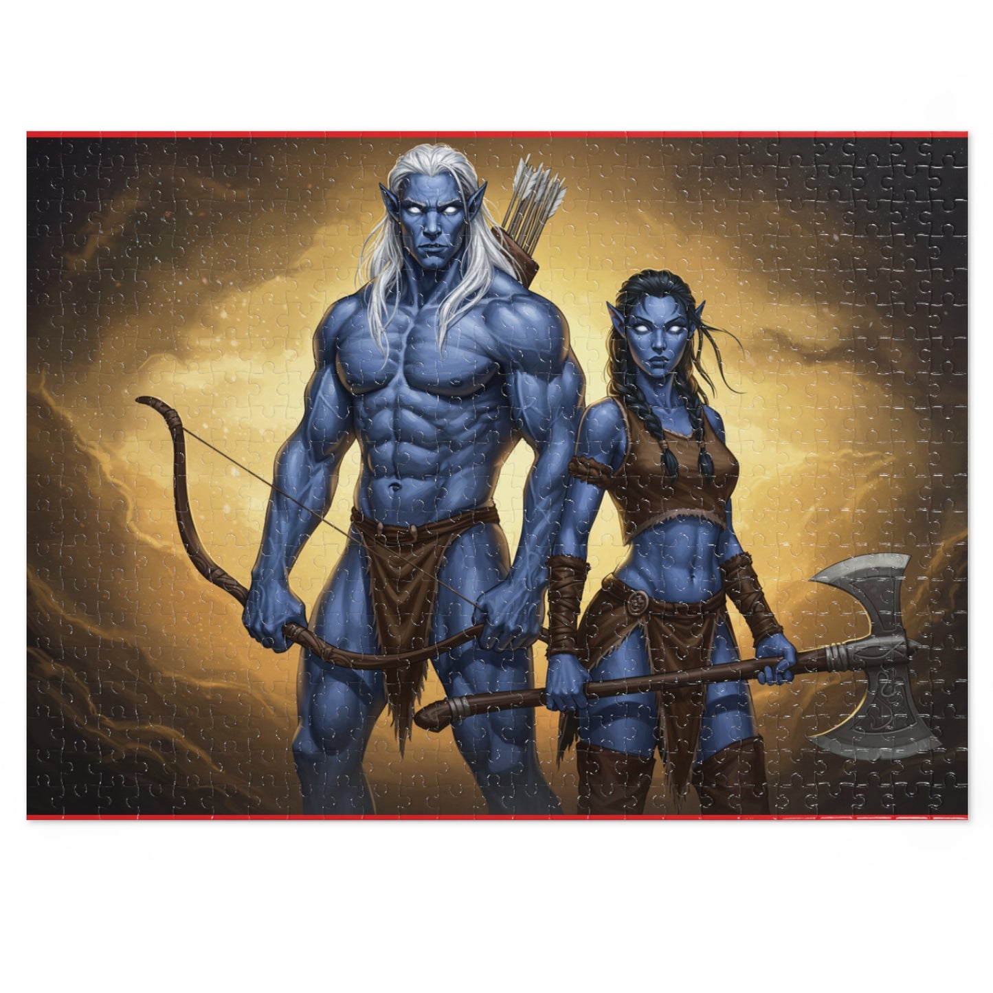110, 252, 500, 1000, 2000 Blue-Skinned Heroes with Weapons Jigsaw Puzzle, Mythical Battle Duo Puzzle, Legendary Warriors Jigsaw, Heroic Fantasy Fighters Jigsaw