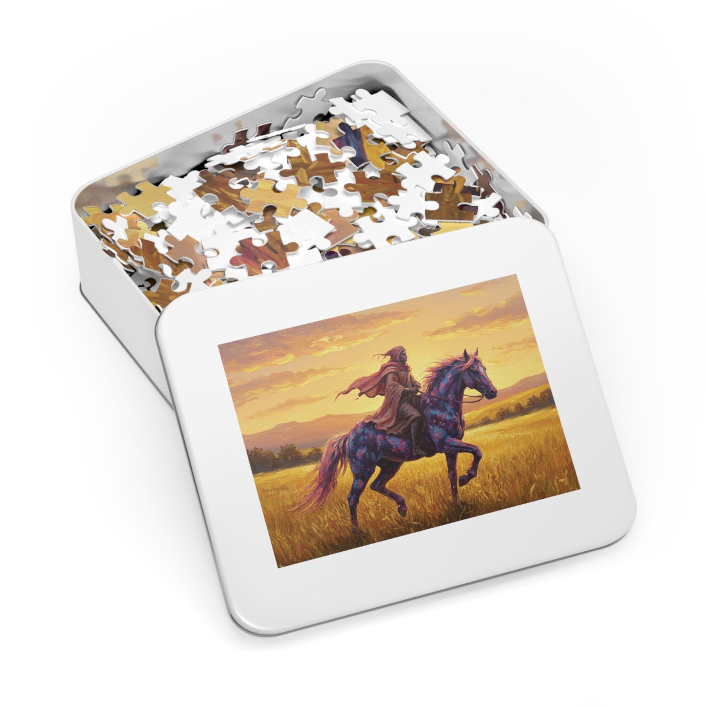 110, 252, 500, 1000, 2000 Jigsaw Puzzle, Mystical Rider Jigsaw Puzzle, Cloaked Rider on Colorful Horse, Epic Sunset Adventure, Premium Puzzle Gift,  Hero on Horse, Golden Field, Fantasy Theme, Vibrant Fantasy Sunset Art