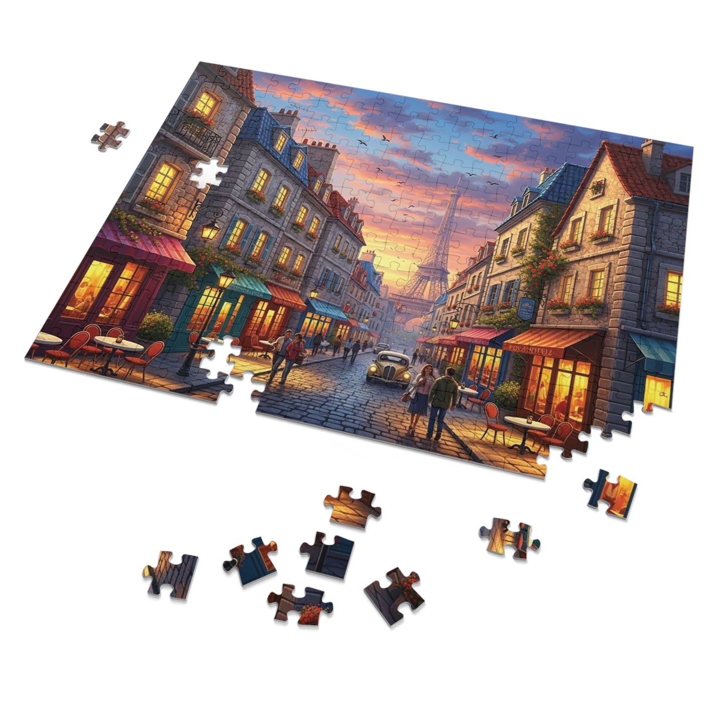 Paris Sunset Café Street Jigsaw Puzzle with Eiffel Tower
