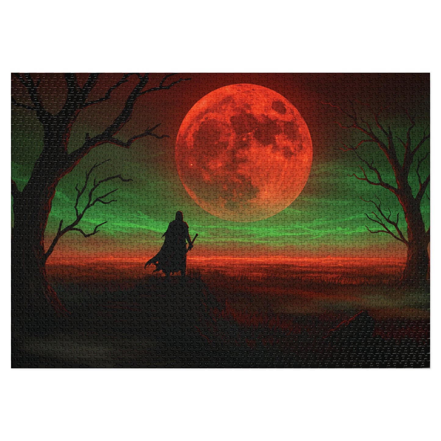110, 252, 500, 1000, 2000 Mystical Red Moon Jigsaw Puzzle, Blood Moon Warrior Puzzle, Apocalyptic Red Moon Puzzle, Shadow Path Puzzle, Dark Fantasy Puzzle, Crimson Sky Puzzle