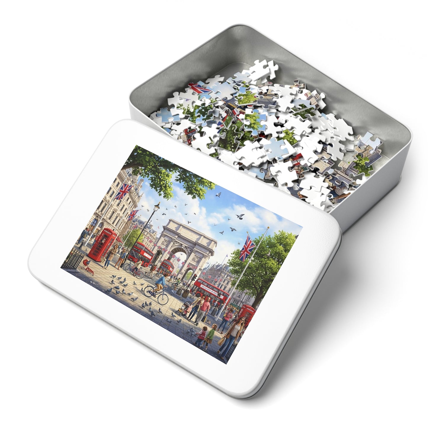 Historic London Arch Jigsaw Puzzle with Red Buses Cyclists and Crowds