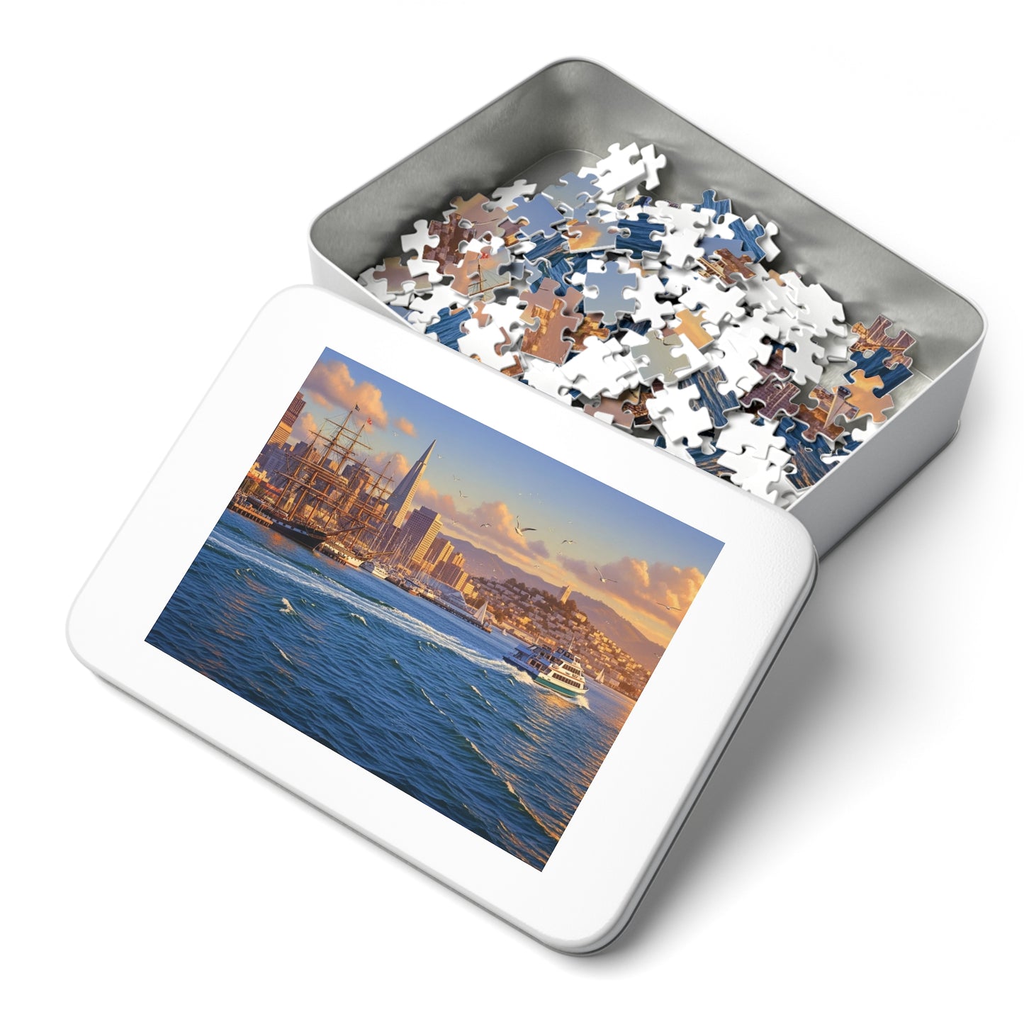 Coastal City at Sunset Jigsaw Puzzle | Nautical Waterfront Art
