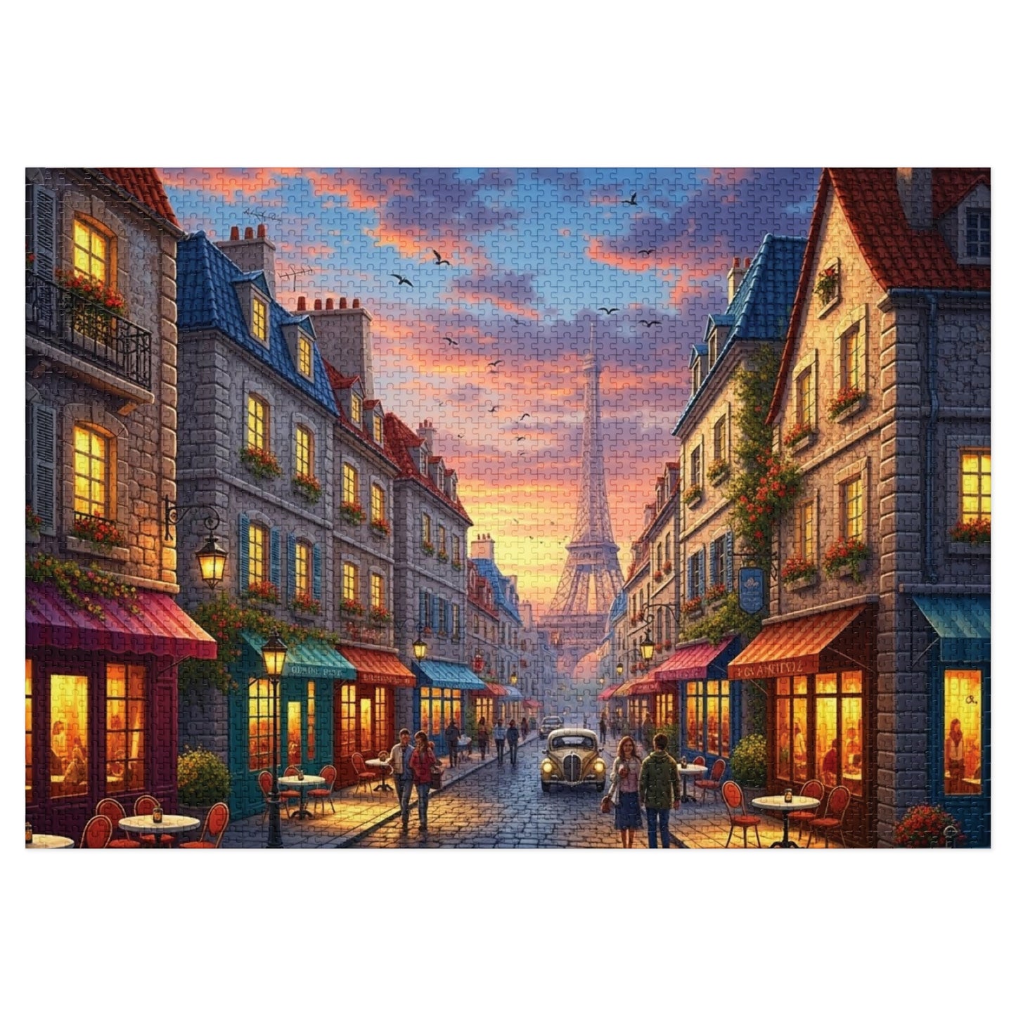 Paris Sunset Café Street Jigsaw Puzzle with Eiffel Tower