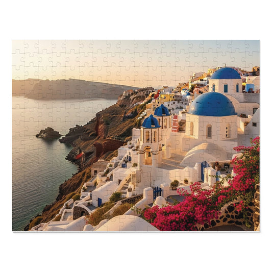 Santorini Sunset Cliffside Jigsaw Puzzle ☀️ Blue Domes Over the Aegean Sea