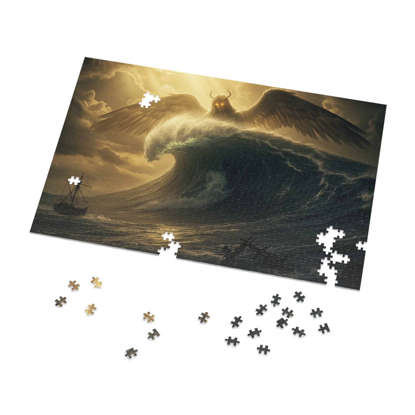 110, 252, 500, 1000, 2000 Mythic Sea Angel Rising | Stormy Ocean Wave Fantasy Art | Shipwreck & Light Beams | Surreal Winged Creature Wall Decor, Fantasy Jigsaw Puzzle with Tin