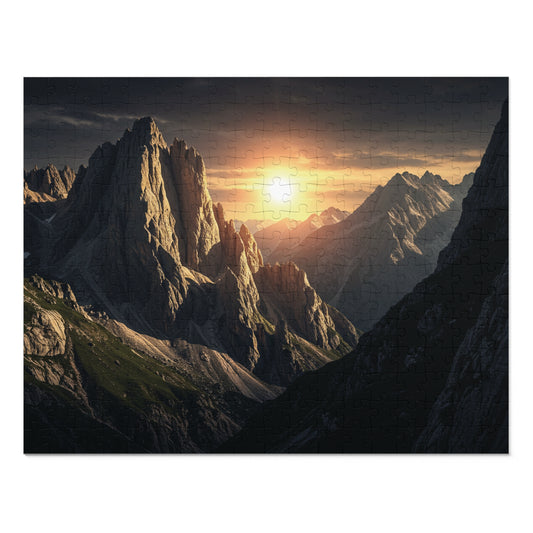 110, 252, 500, 1000, 2000 Golden Mountain Sunrise Jigsaw Puzzle – Dramatic Peaks, Sunset Glow, Nature-Inspired Gift in Collector’s Tin
