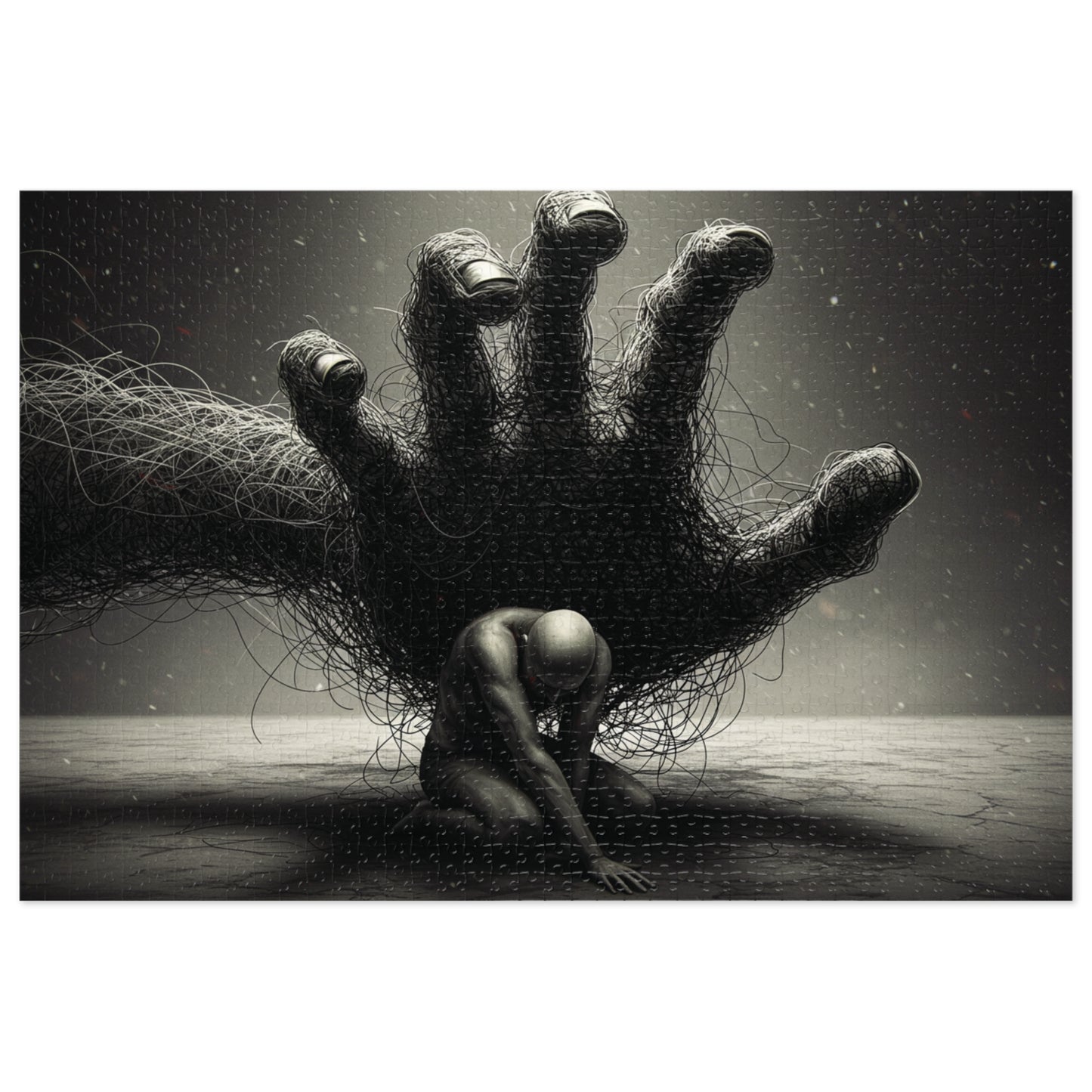 110, 252, 500, 1000, 2000 Dark Abstract Wire Hand Jigsaw Puzzle, Tangled Hand and Kneeling Figure, Oppression and Chaos Puzzle