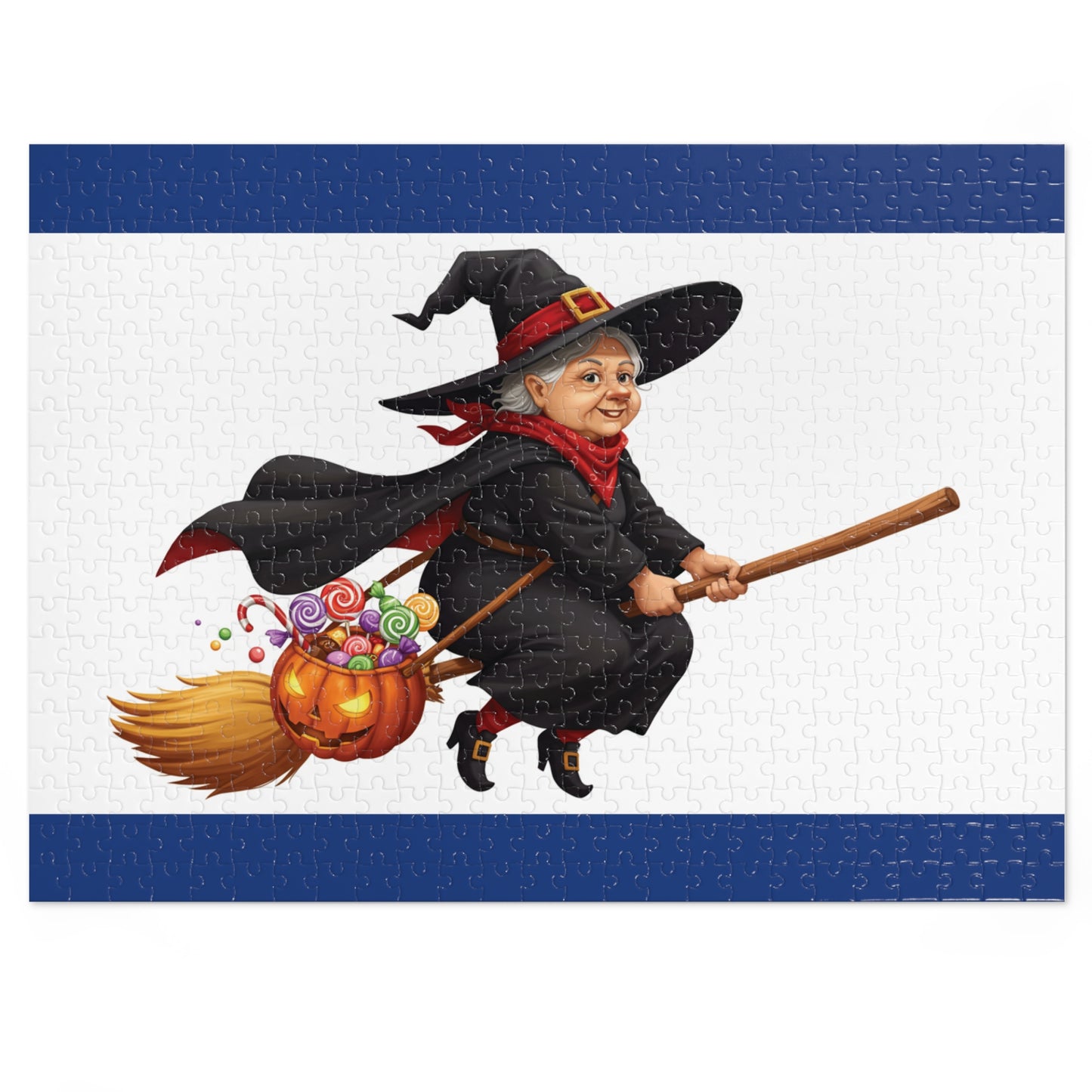 30, 110, 252, 500 Cartoon Witch on Broom Halloween Jigsaw Puzzle – Trick or Treat Theme, Halloween Witch Puzzle, Halloween Candy Pumpkin Art, Broomstick Ride & Sweets