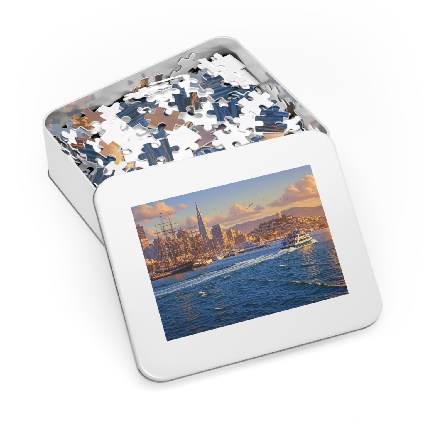 Coastal City at Sunset Jigsaw Puzzle | Nautical Waterfront Art