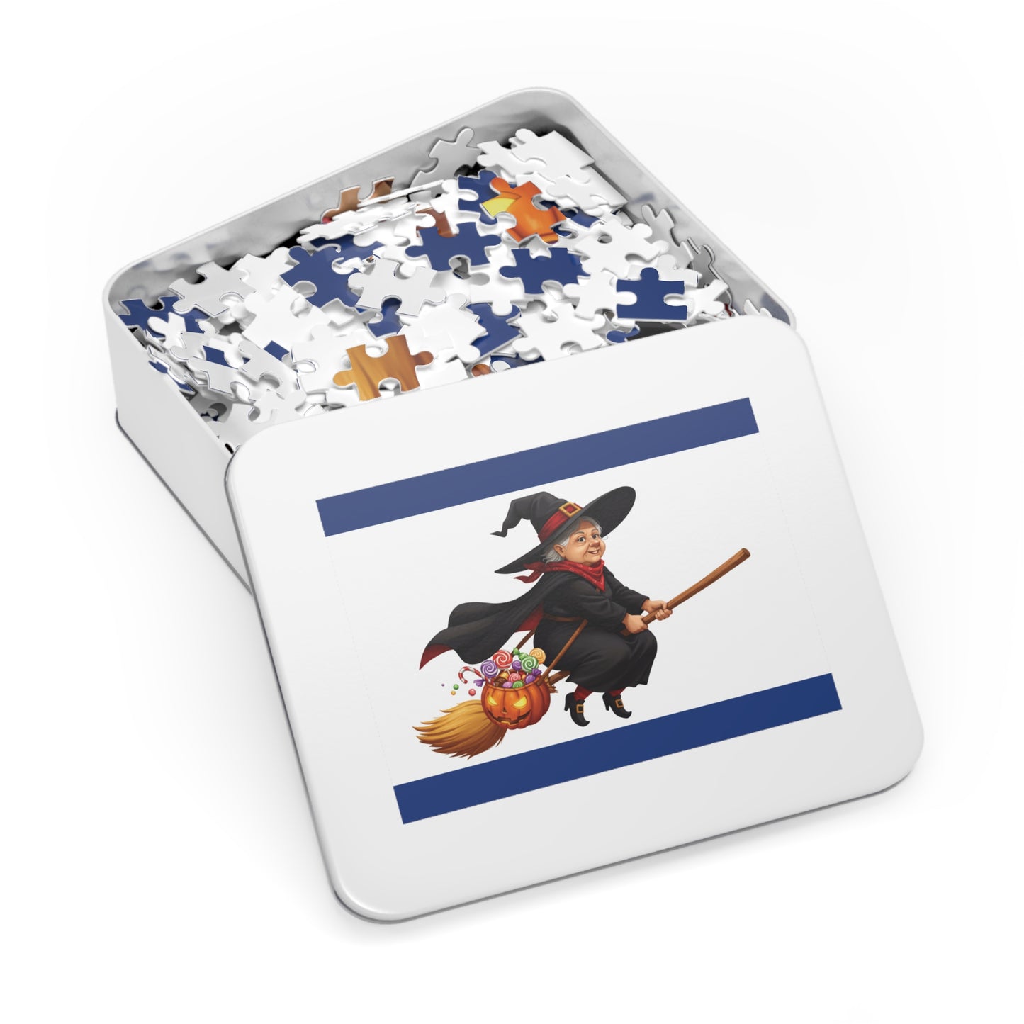 30, 110, 252, 500 Cartoon Witch on Broom Halloween Jigsaw Puzzle – Trick or Treat Theme, Halloween Witch Puzzle, Halloween Candy Pumpkin Art, Broomstick Ride & Sweets