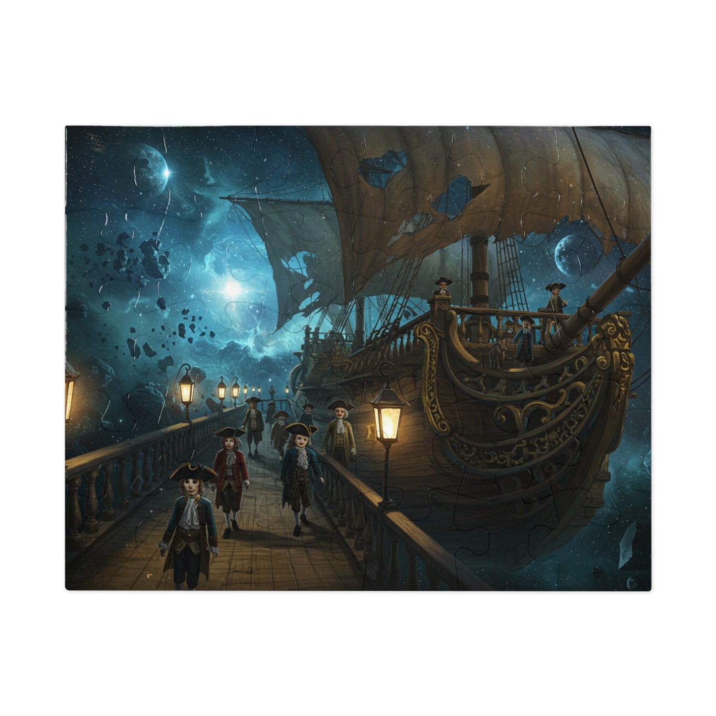 Fantasy Night Ship Jigsaw Puzzle Moonlit Sky and Lantern Deck Scene
