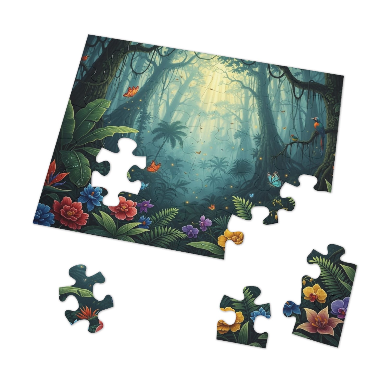 Enchanted Tropical Forest Puzzle with Butterflies, Exotic Flowers and Golden Light