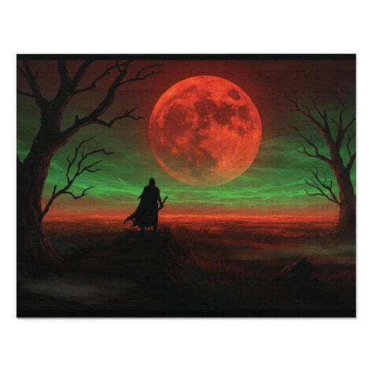 110, 252, 500, 1000, 2000 Mystical Red Moon Jigsaw Puzzle, Blood Moon Warrior Puzzle, Apocalyptic Red Moon Puzzle, Shadow Path Puzzle, Dark Fantasy Puzzle, Crimson Sky Puzzle