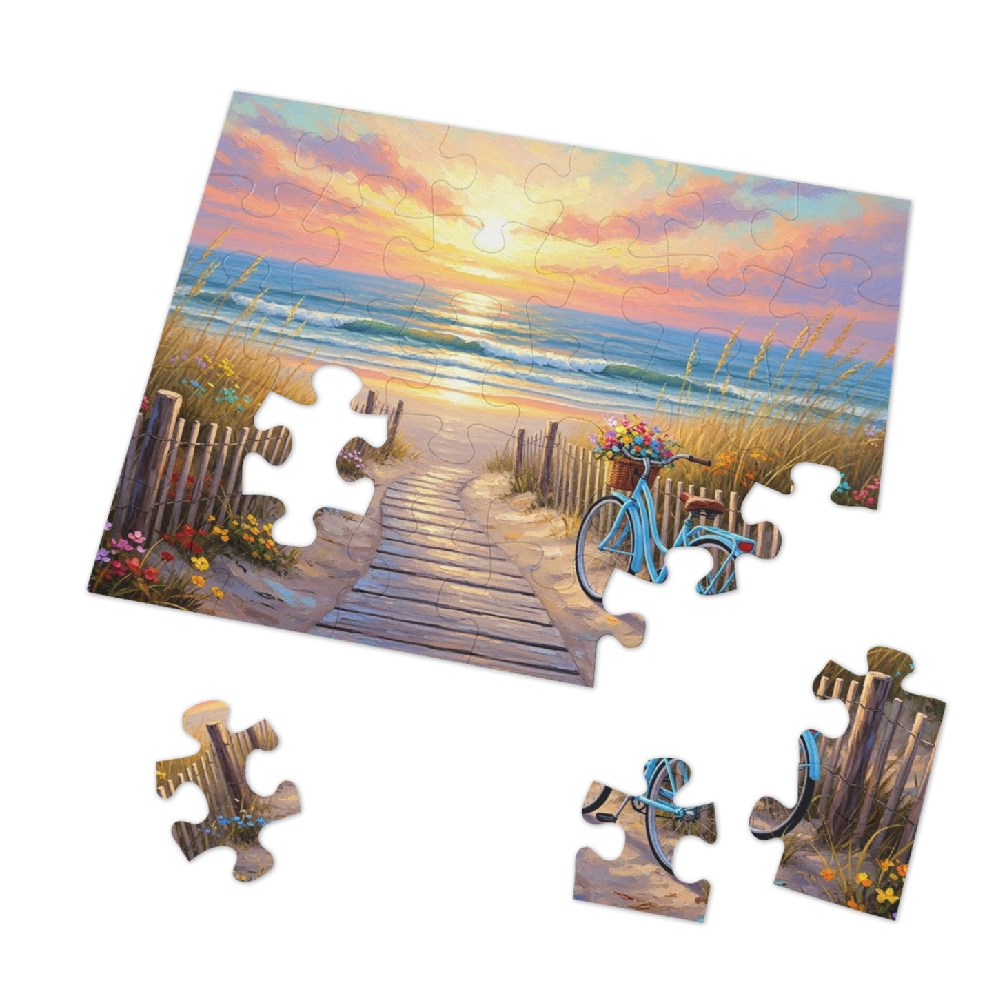 Beach Boardwalk at Sunset Puzzle 🧩 Serene Ocean Landscape Art