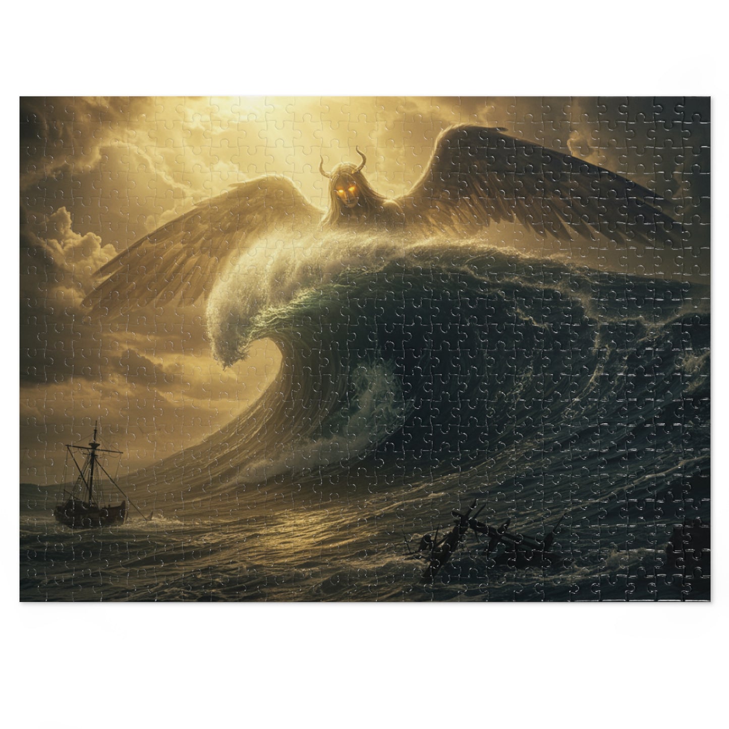 110, 252, 500, 1000, 2000 Mythic Sea Angel Rising | Stormy Ocean Wave Fantasy Art | Shipwreck & Light Beams | Surreal Winged Creature Wall Decor, Fantasy Jigsaw Puzzle with Tin