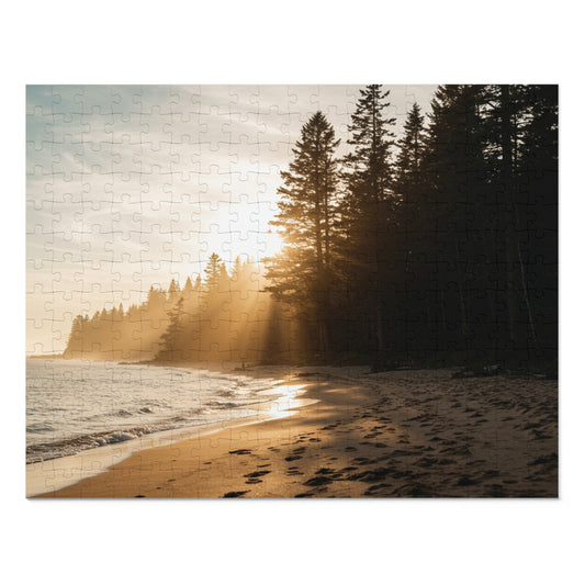 Forest Beach Sunset Jigsaw Puzzle (252–2000 pcs),  Warm Sunset, Trees & Sand Path, Forest Coastline and Sunbeams, Premium Tin Gift,  Footprints in Sand