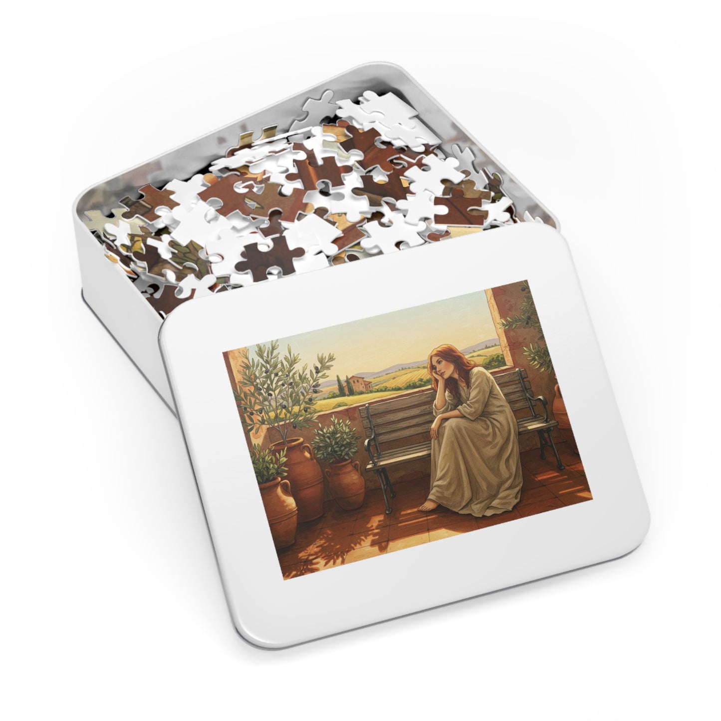 110, 252, 500, 1000, 2000 pcs Rustic Countryside Jigsaw Puzzle, Woman on Bench with Olive Trees, Mediterranean Landscape Puzzle