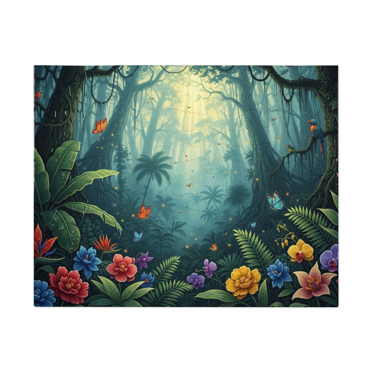 Enchanted Tropical Forest Puzzle with Butterflies, Exotic Flowers and Golden Light