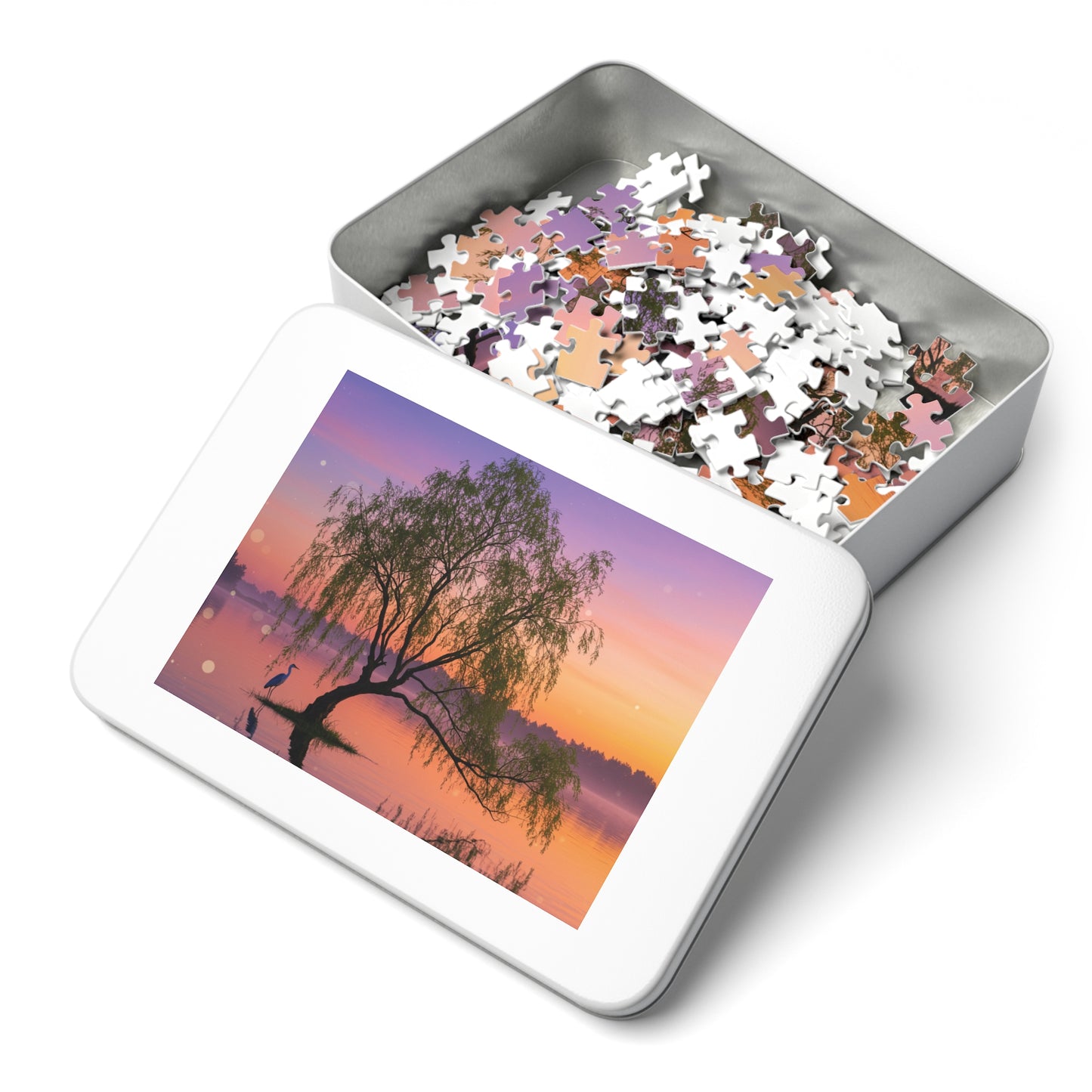Willow Tree & Heron Jigsaw Puzzle (110, 252, 500, 1000, 2000 pcs) – Sunset Lake Scene in Gift Tin