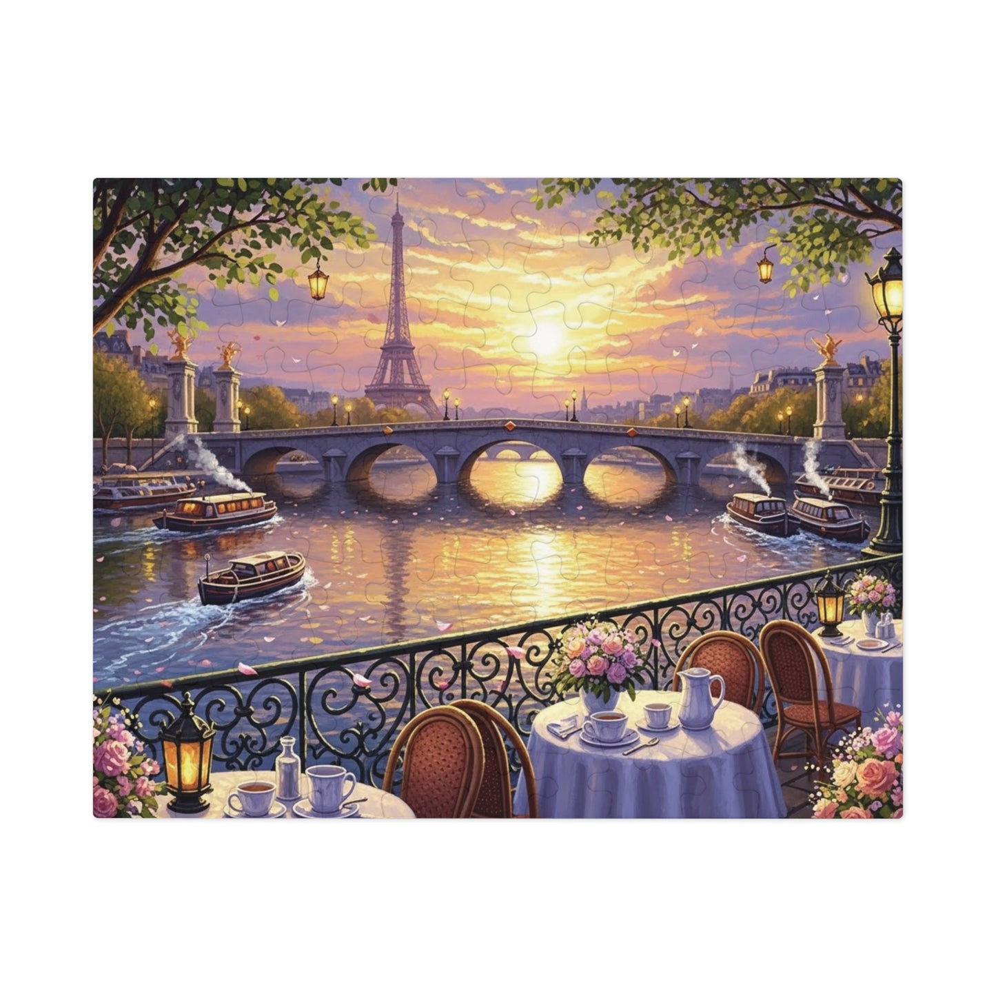 Eiffel Tower Sunset Over the Seine Puzzle | Paris Café Terrace Artwork