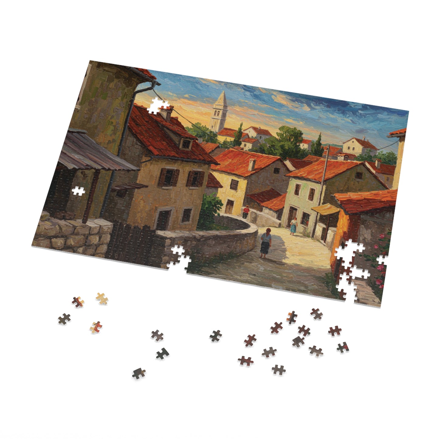 110, 252, 500, 1000, 2000 Mediterranean Village Jigsaw Puzzle Jigsaw Puzzle, Rustic European Village, Old World Architecture and Warm Colors