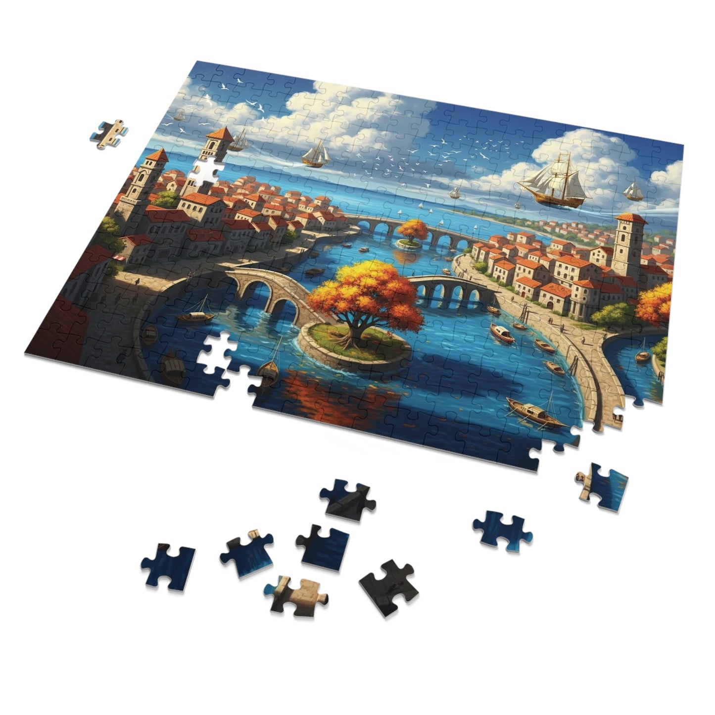 Floating Ships Over the Canal City, Coastal Town, Sailing Ships & Bridge Jigsaw Puzzle ✨