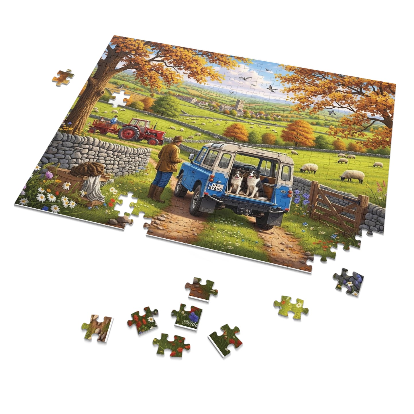 Autumn Countryside Farm Jigsaw Puzzle with Dogs, Tractor & Village