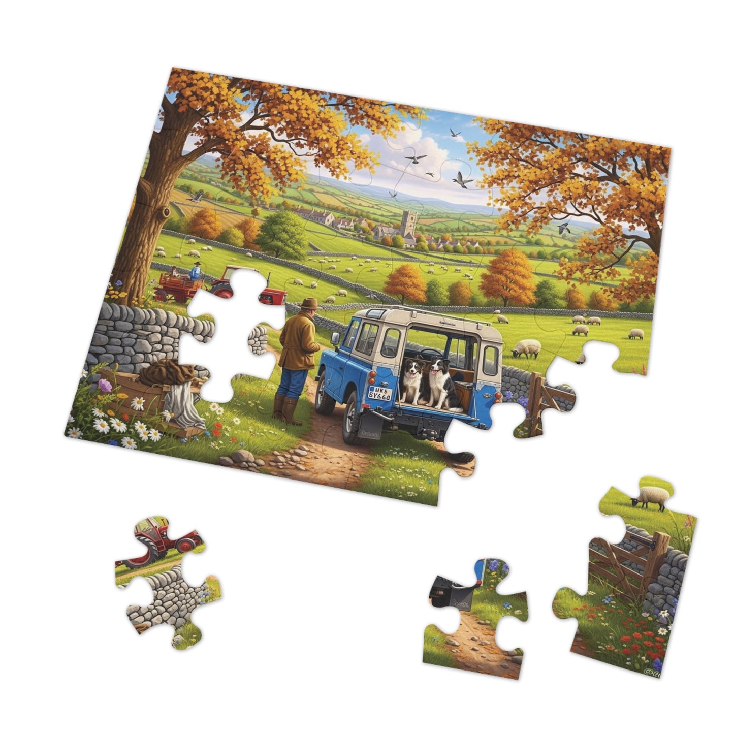 Autumn Countryside Farm Jigsaw Puzzle with Dogs, Tractor & Village