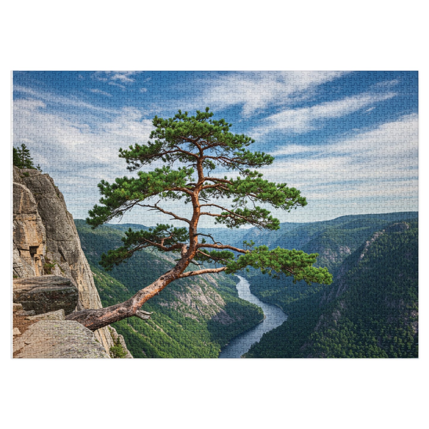 Cliffside Tree Jigsaw Puzzle (110, 252, 500, 1000, 2000 pcs) – Peaceful Nature, Mountain & River Design, Serene Forest Scene