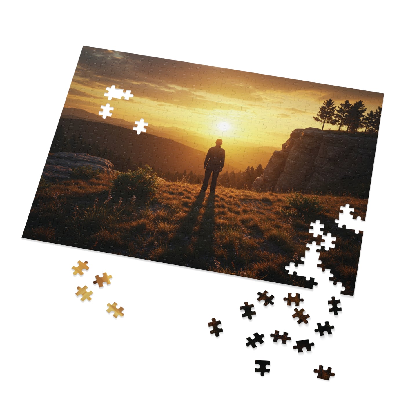 252, 500, 1000, 2000 Jigsaw Puzzle| Golden Hour Reflection | Sunset Overlook | Solitary Figure in Nature | Mountain Ridge Glow Jigsaw Puzzle | Scenic Jigsaw Puzzle with Vintage Tin