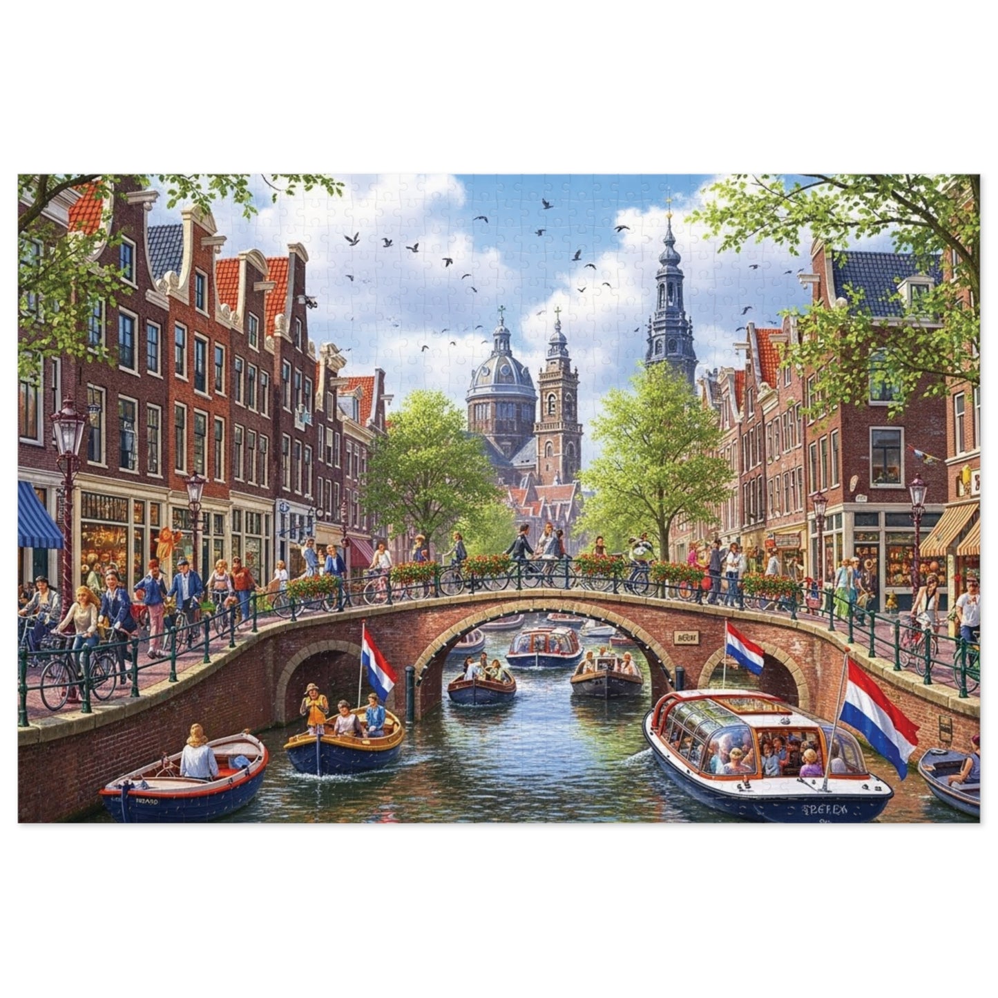 European Canal City Jigsaw Puzzle Scenic Bridge and Boat Scene