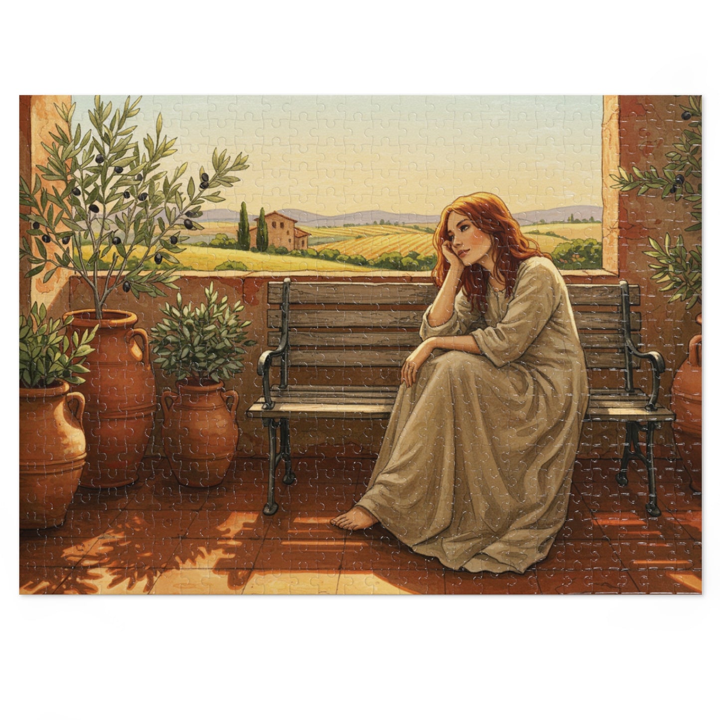 110, 252, 500, 1000, 2000 pcs Rustic Countryside Jigsaw Puzzle, Woman on Bench with Olive Trees, Mediterranean Landscape Puzzle