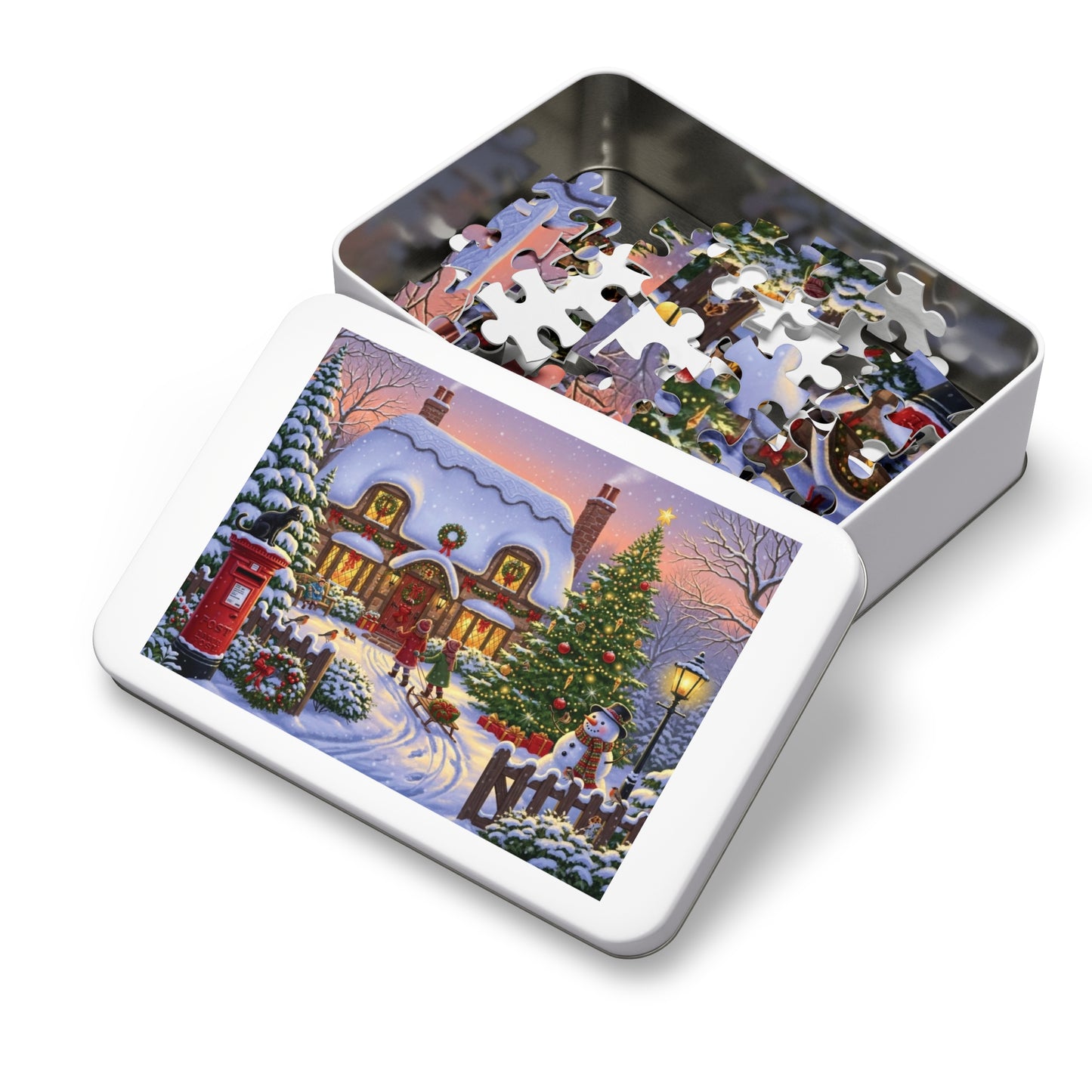 Christmas Cottage Jigsaw Puzzle with Tree Snowman and Sled