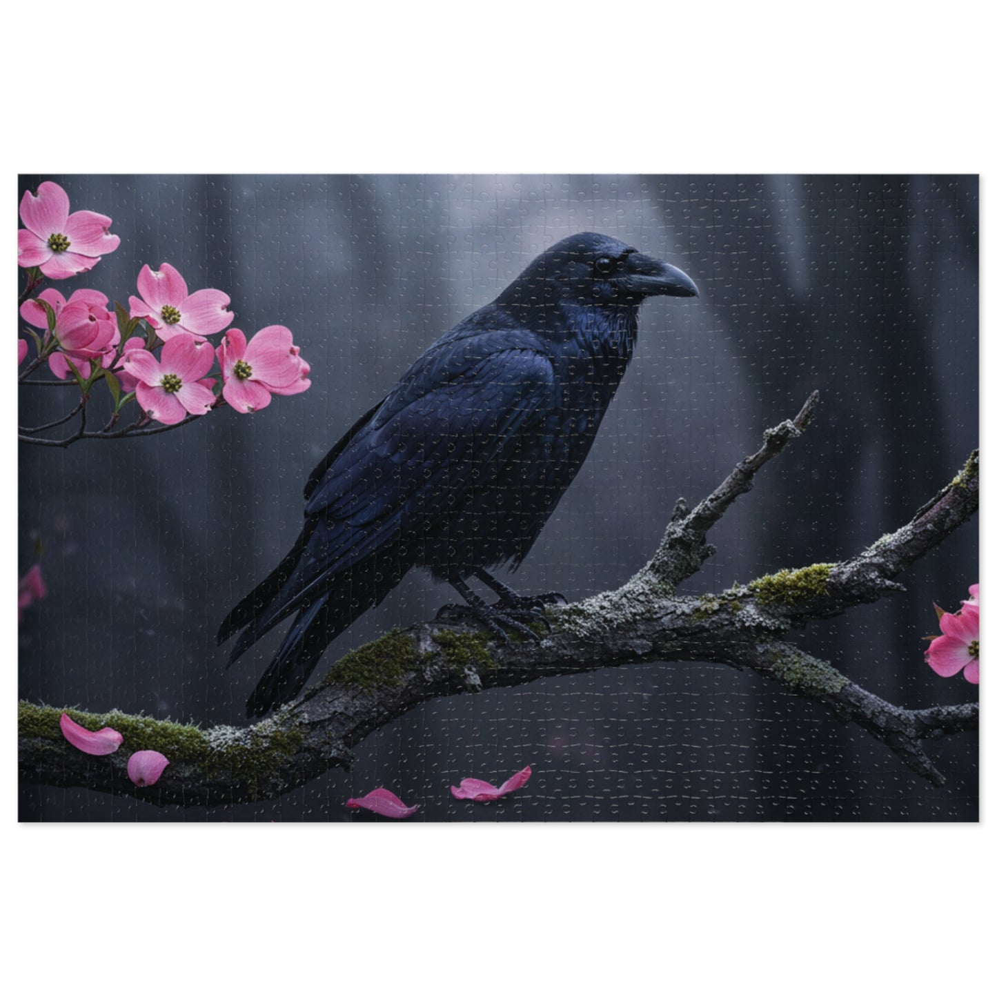 110, 252, 500, 1000, 2000 Black Bird in Spring Forest | Dark Raven with Pink Blossoms | Nature-Inspired Raven & Bloom Puzzle |Mystical Raven Jigsaw Puzzle with Tin | Gothic Raven & Cherry Blossom Puzzle
