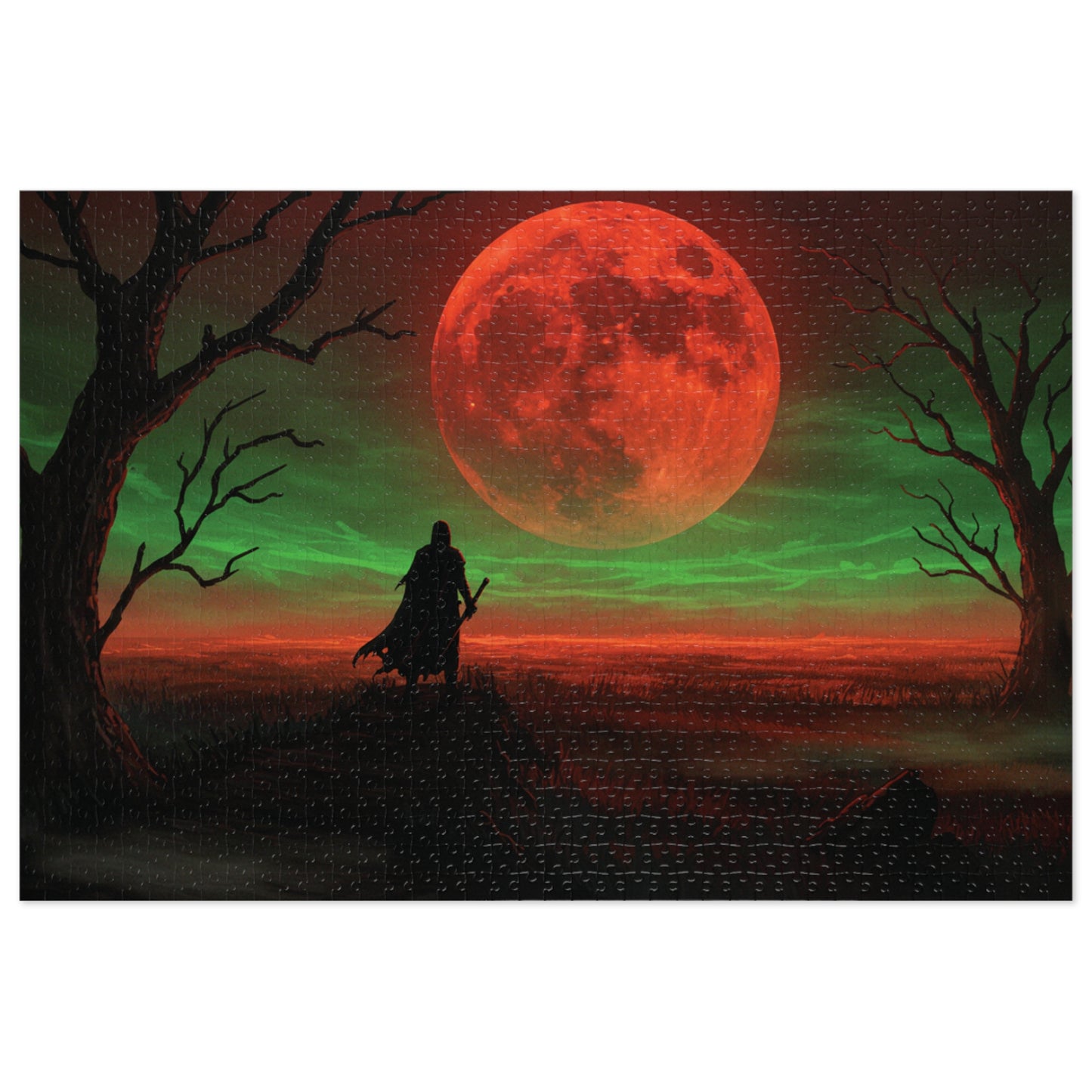 110, 252, 500, 1000, 2000 Mystical Red Moon Jigsaw Puzzle, Blood Moon Warrior Puzzle, Apocalyptic Red Moon Puzzle, Shadow Path Puzzle, Dark Fantasy Puzzle, Crimson Sky Puzzle