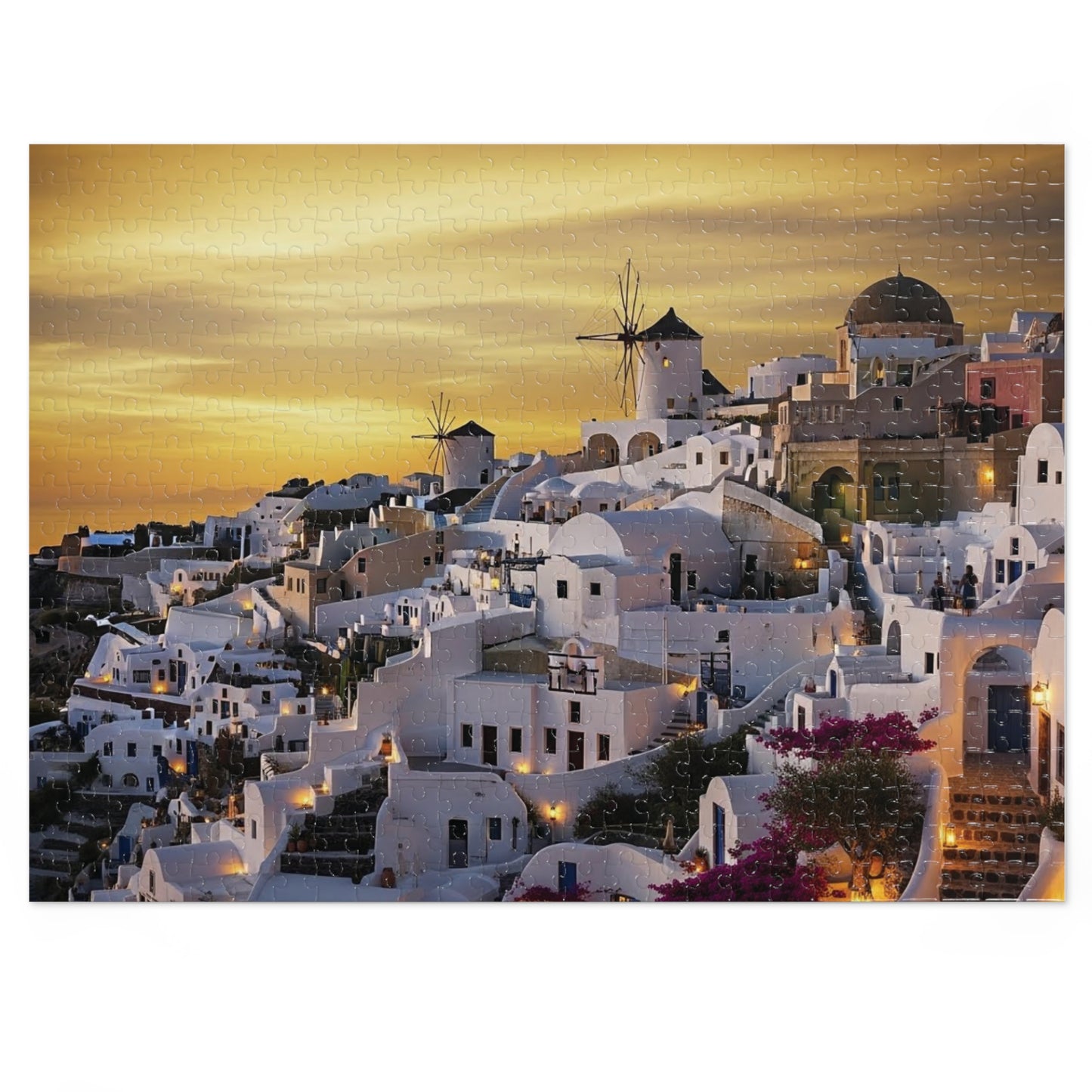 Santorini Sunset Village Jigsaw Puzzle 🌅 Whitewashed Homes, Windmills & Golden Aegean Evening