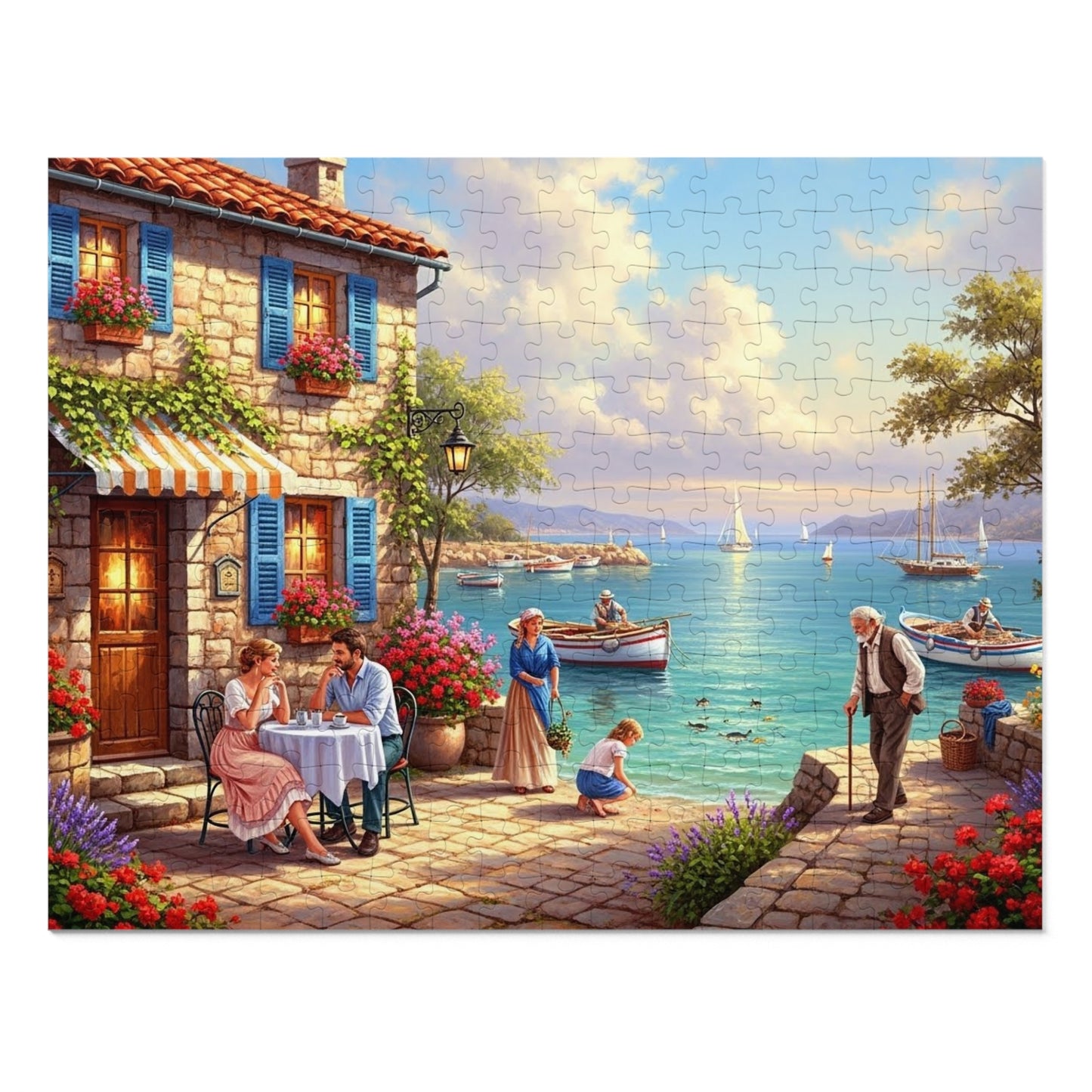 Mediterranean Seaside Café Puzzle | Charming Coastal Village, Sailboats, Flowers & Sunset Life