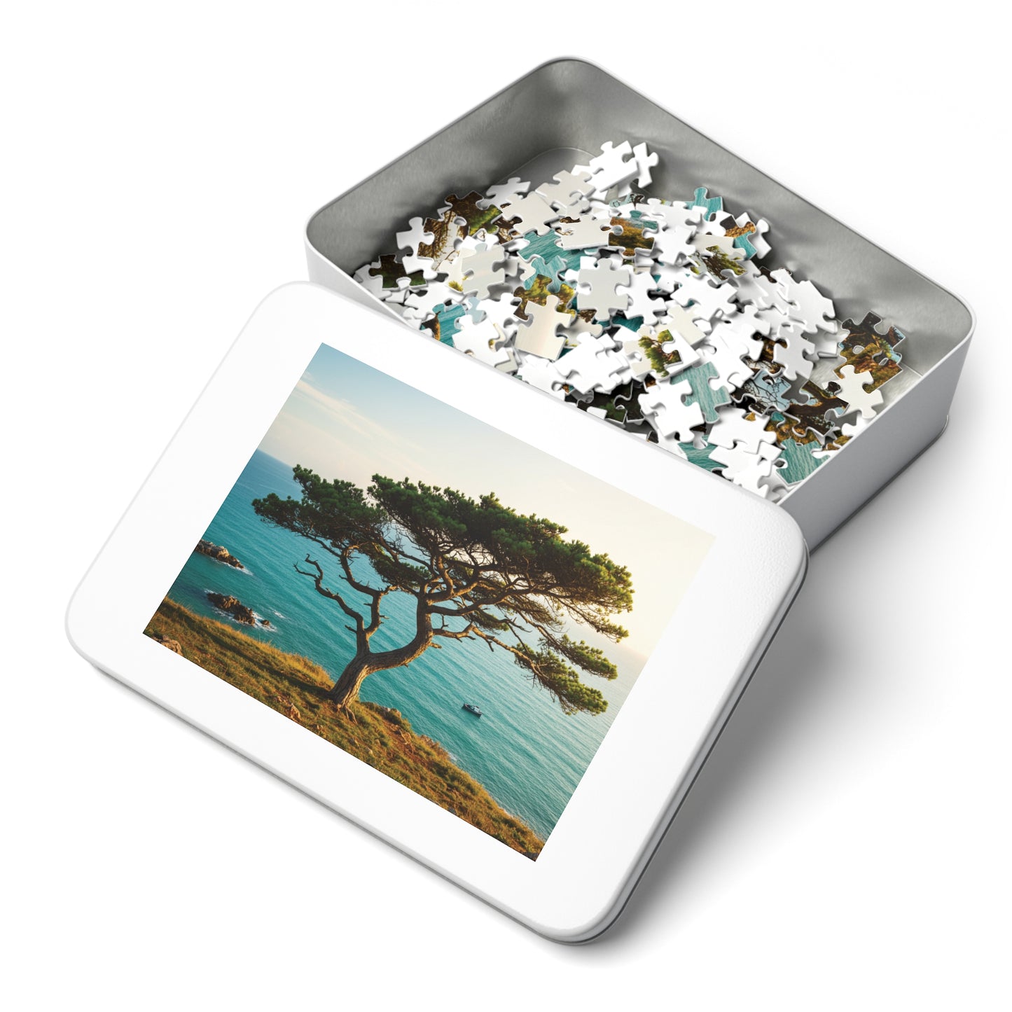 Coastal Tree & Ocean View Jigsaw Puzzle (110, 252, 500, 1000, 2000 pcs) – Serene Cliffside Scene in Gift Tin