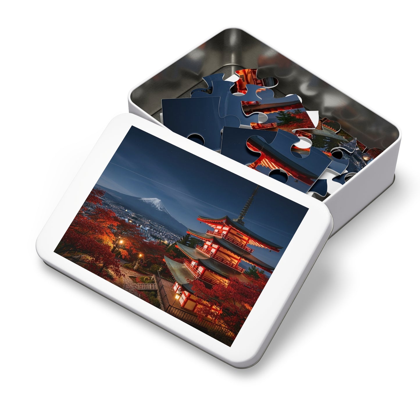 Mount Fuji Night Pagoda Jigsaw Puzzle 🌙🗻 Autumn Temple View, Japan City Lights & Crimson Maples