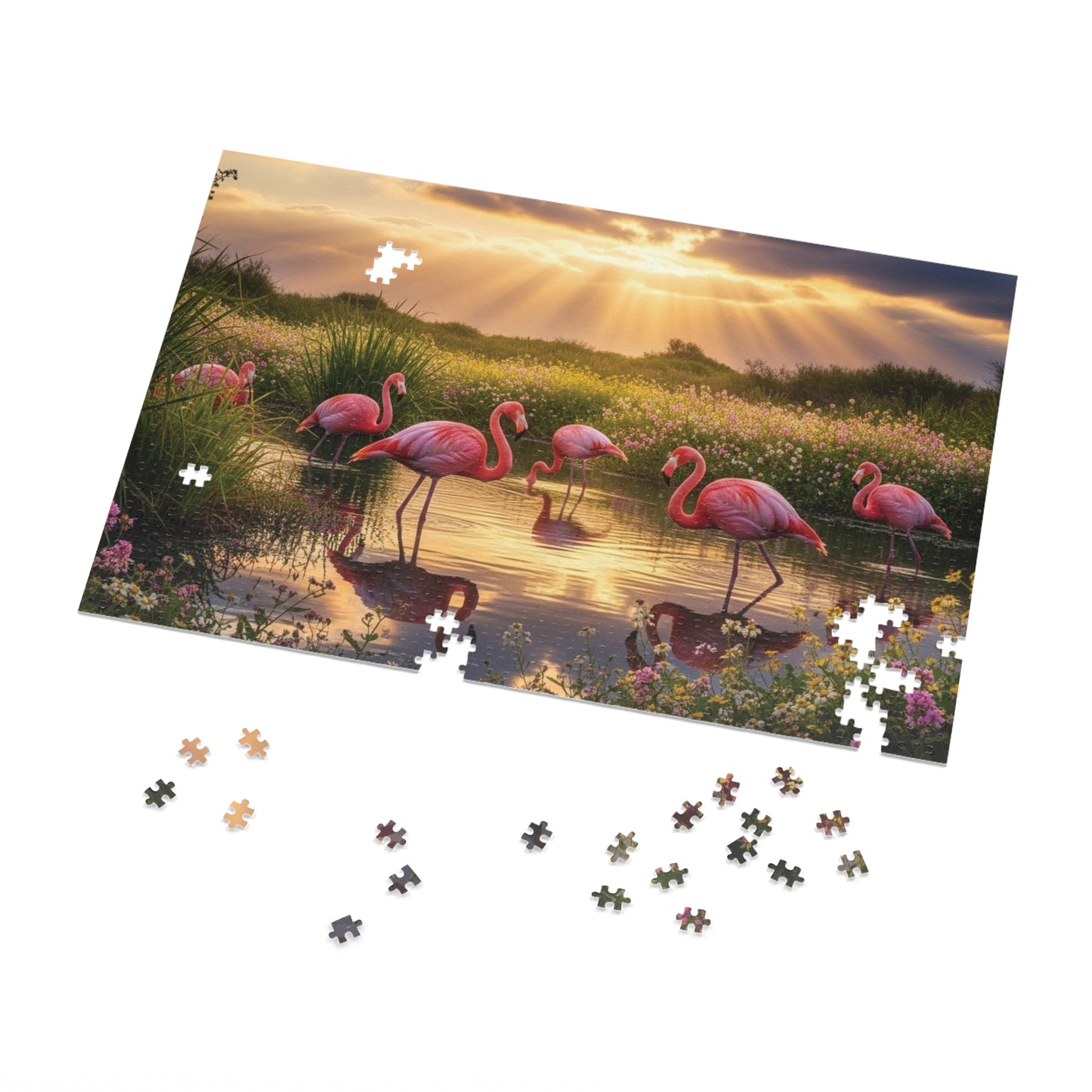 Flamingo Sunset Paradise Jigsaw Puzzle | Serene Nature Wildlife Scene at Golden Hour