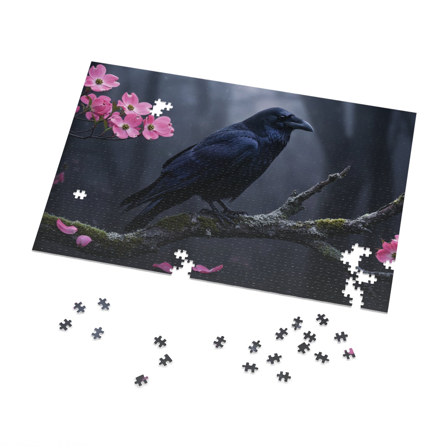 110, 252, 500, 1000, 2000 Black Bird in Spring Forest | Dark Raven with Pink Blossoms | Nature-Inspired Raven & Bloom Puzzle |Mystical Raven Jigsaw Puzzle with Tin | Gothic Raven & Cherry Blossom Puzzle