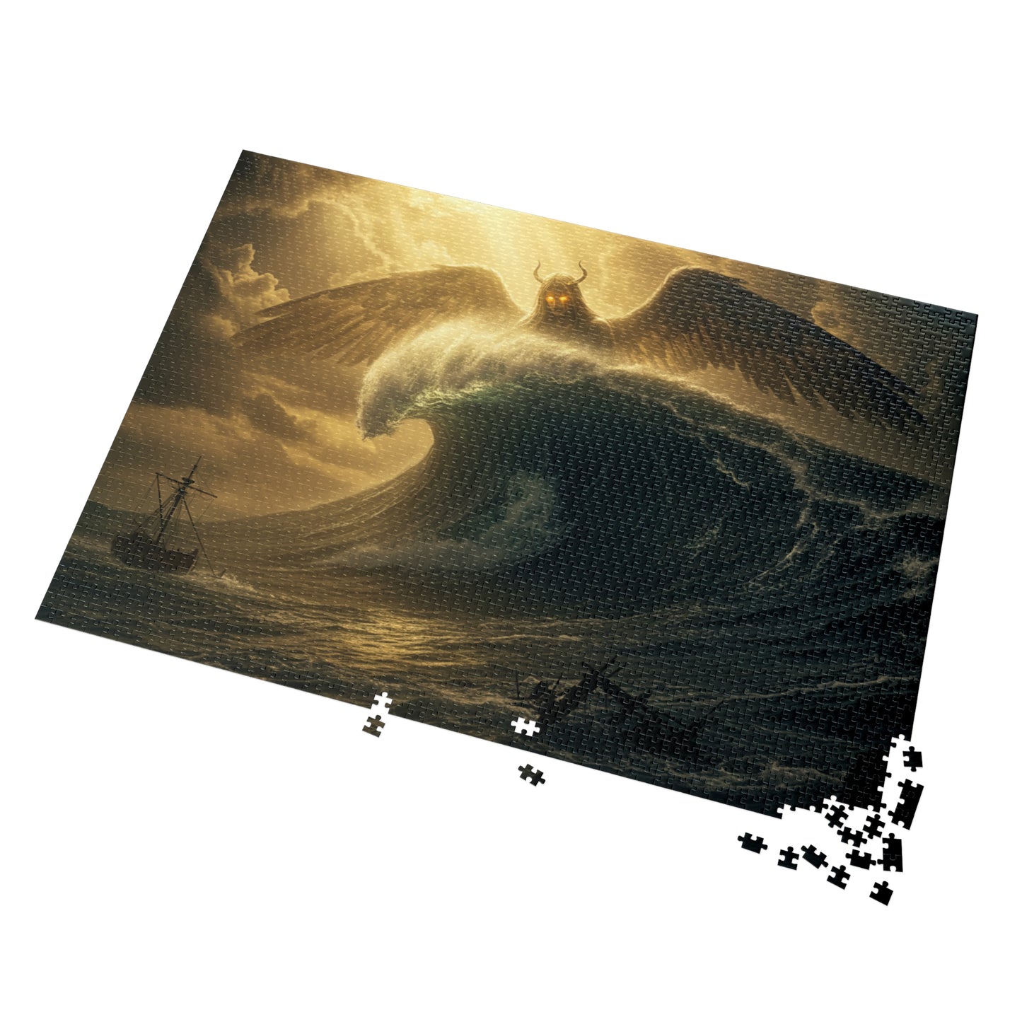 110, 252, 500, 1000, 2000 Mythic Sea Angel Rising | Stormy Ocean Wave Fantasy Art | Shipwreck & Light Beams | Surreal Winged Creature Wall Decor, Fantasy Jigsaw Puzzle with Tin