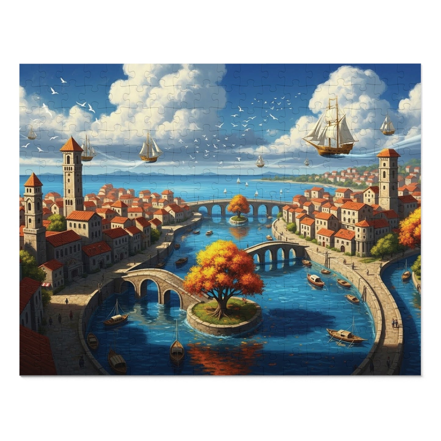 Floating Ships Over the Canal City, Coastal Town, Sailing Ships & Bridge Jigsaw Puzzle ✨