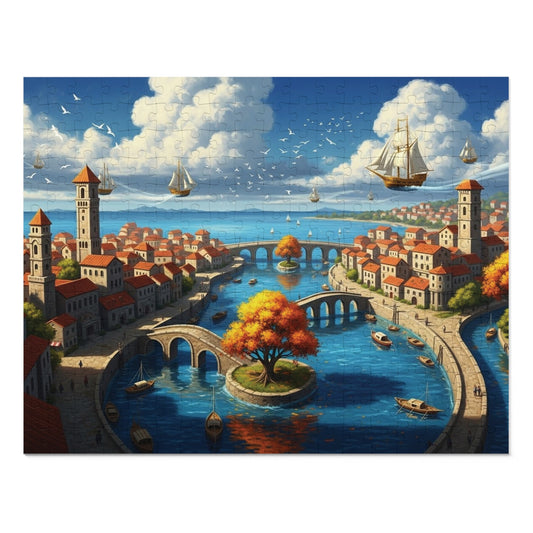 Floating Ships Over the Canal City, Coastal Town, Sailing Ships & Bridge Jigsaw Puzzle ✨